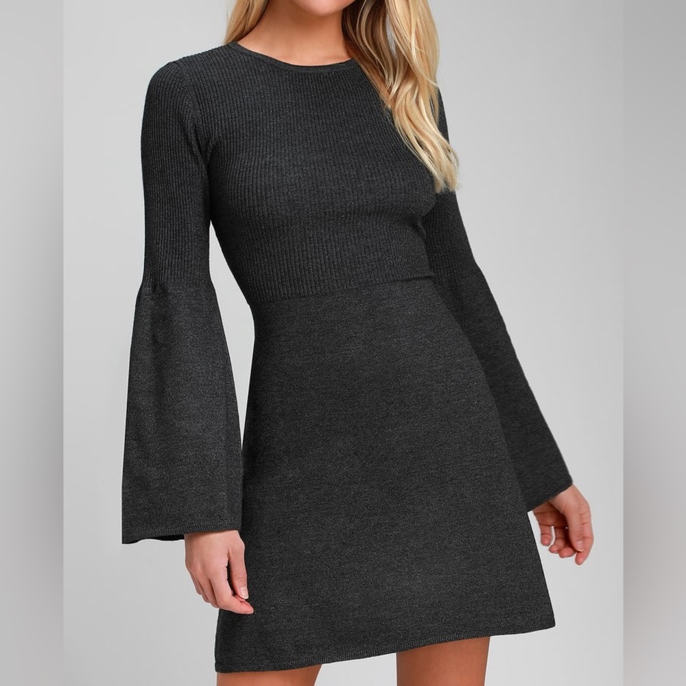 Lulus Tabitha Charcoal Gray Bell Sleeve Sweater Mini Dress Fit and Flare Women S